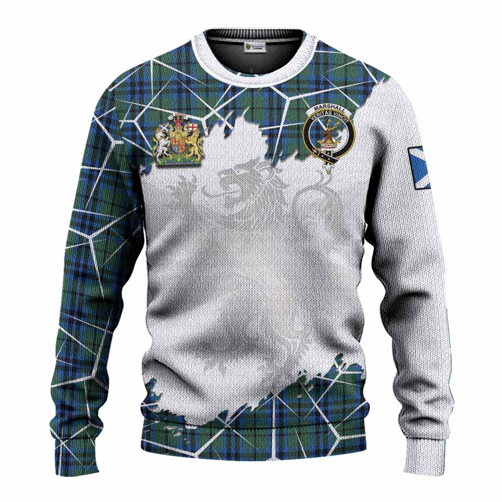 Marshall Tartan Knitted Sweater with Family Crest and Lion Rampant Grunge Style