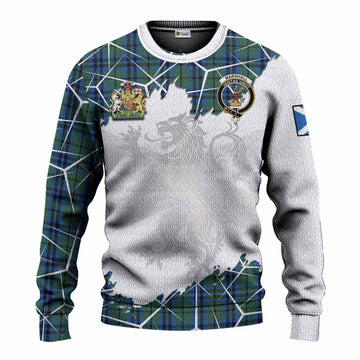 Marshall Tartan Knitted Sweater with Family Crest and Lion Rampant Grunge Style