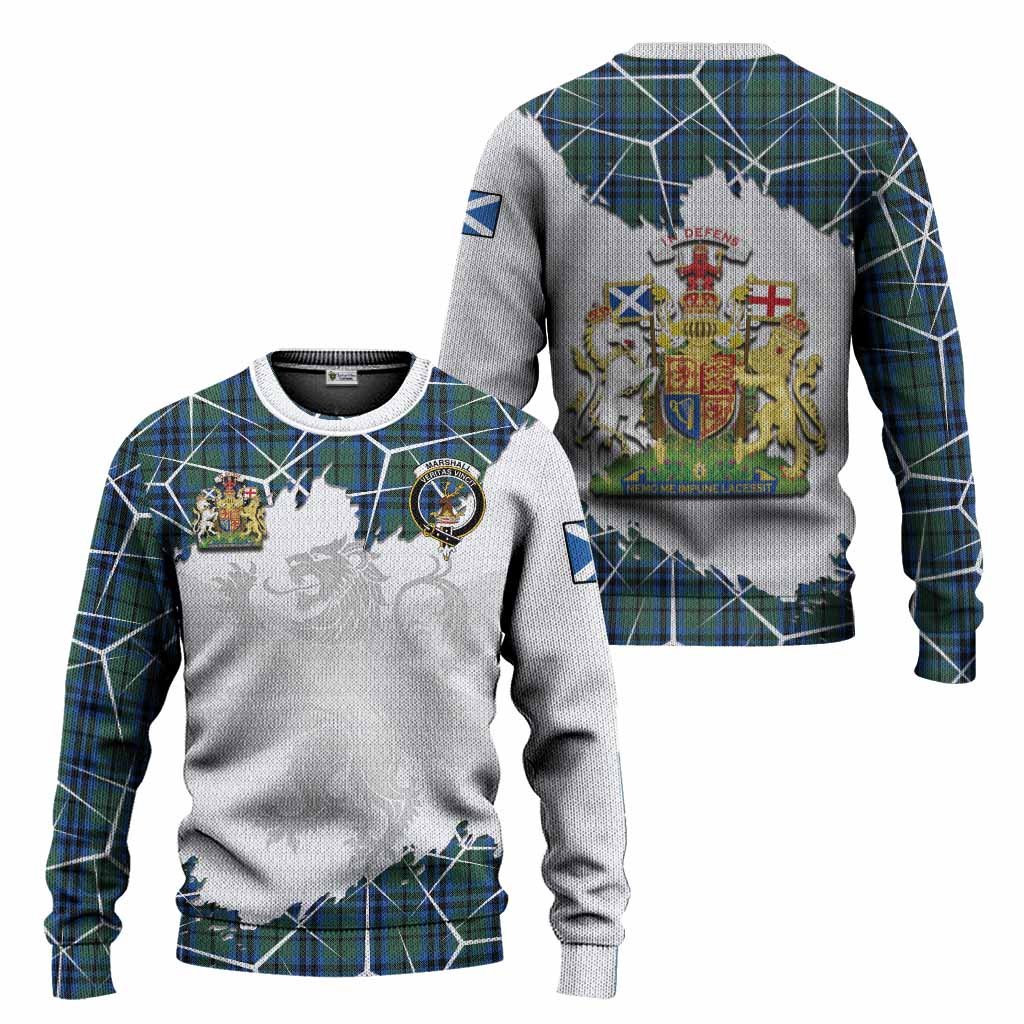 Marshall Tartan Knitted Sweater with Family Crest and Lion Rampant Grunge Style