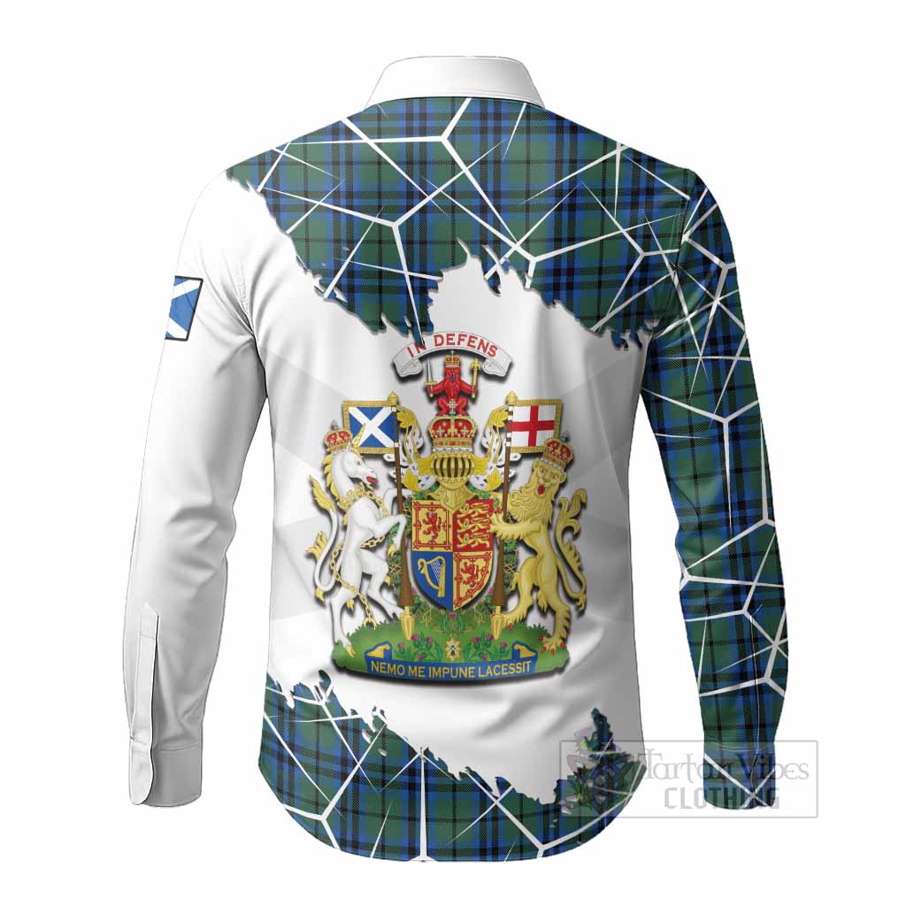 Marshall Tartan Long Sleeve Button Shirts with Family Crest and Lion Rampant Grunge Style