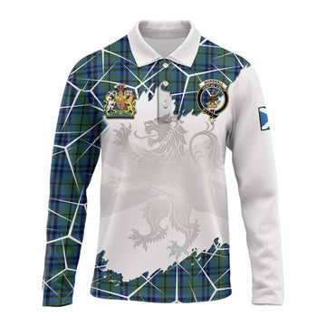 Marshall Tartan Long Sleeve Polo Shirt with Family Crest and Lion Rampant Grunge Style