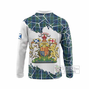 Marshall Tartan Long Sleeve Polo Shirt with Family Crest and Lion Rampant Grunge Style