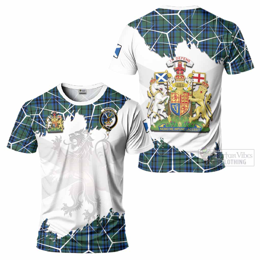 Marshall Tartan T-Shirt with Family Crest and Lion Rampant Grunge Style
