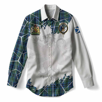 Marshall Tartan Women Casual Shirt with Family Crest and Lion Rampant Grunge Style
