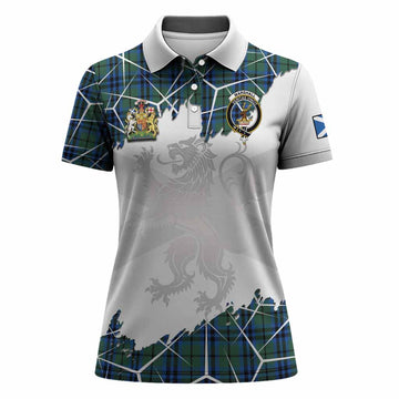 Marshall Tartan Women Polo Shirt with Family Crest and Lion Rampant Grunge Style