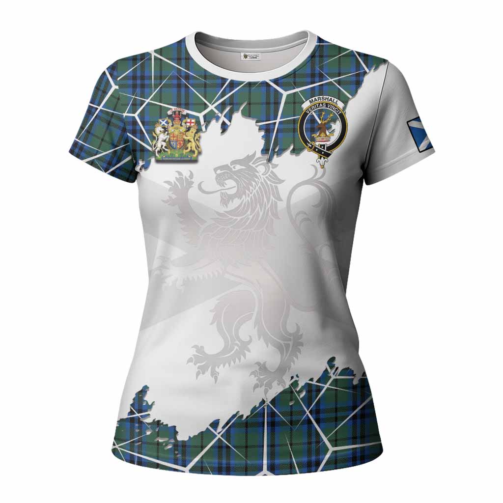 Marshall Tartan Women T shirt with Family Crest and Lion Rampant Grunge Style