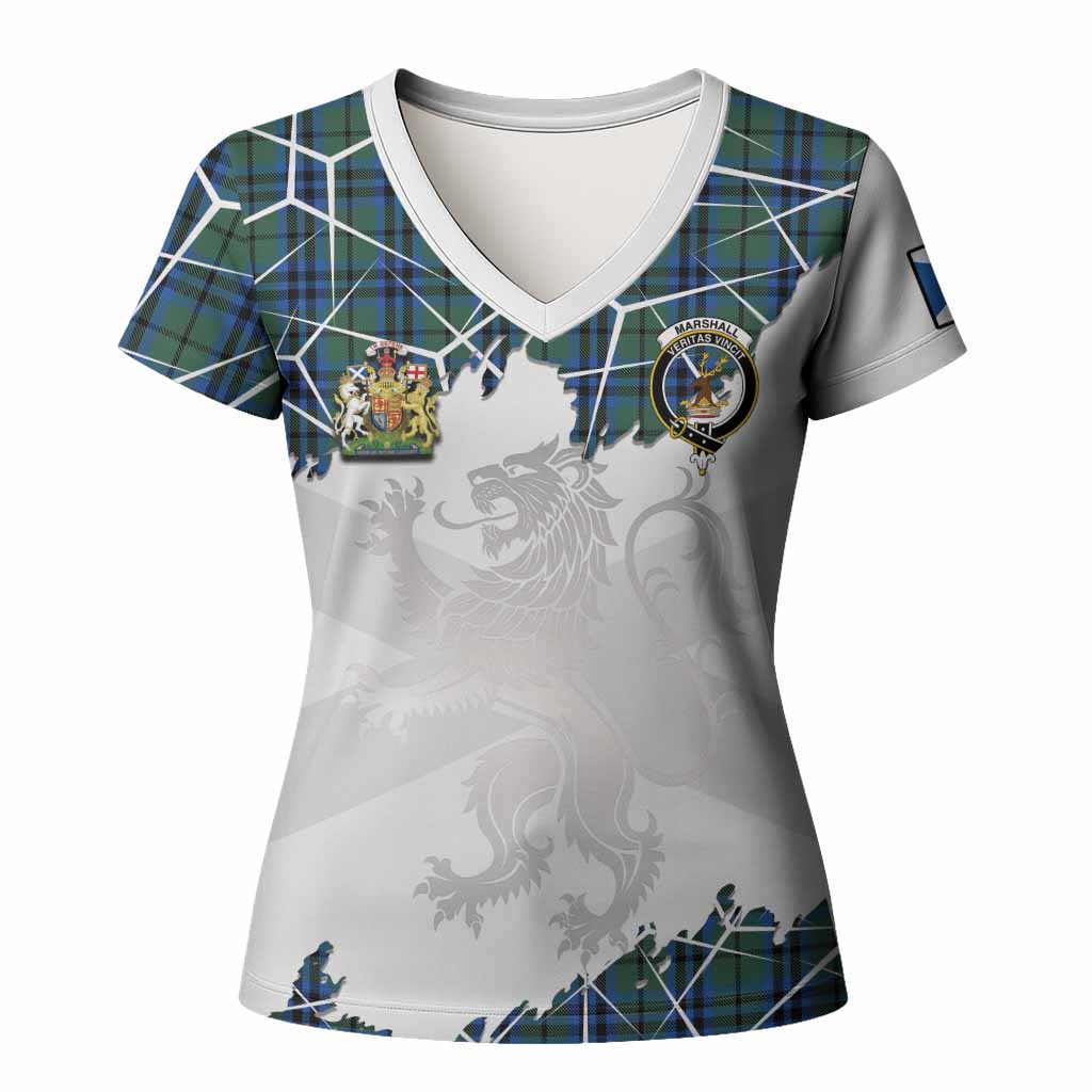 Marshall Tartan Women T shirt with Family Crest and Lion Rampant Grunge Style