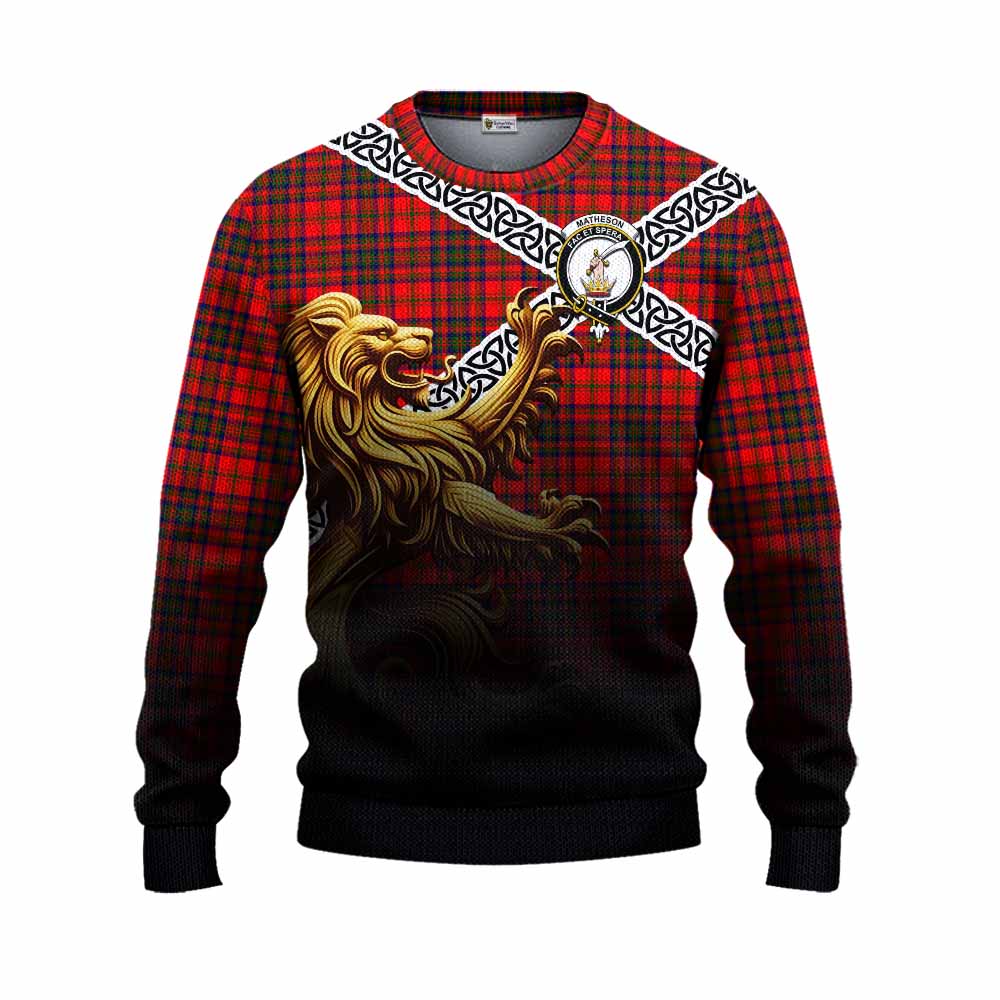 Tartan Vibes Clothing Matheson Crest Tartan Knitted Sweater with Golden Lion Emblem Celtic Style