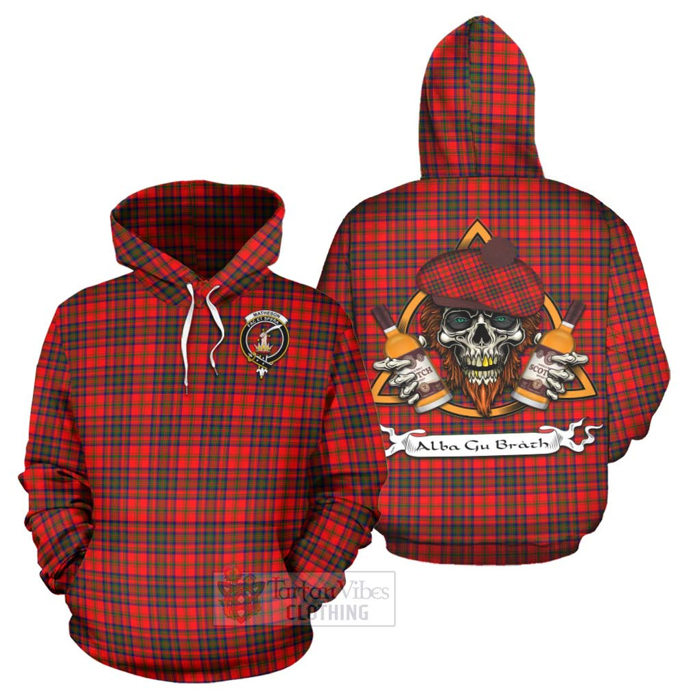 Tartan Vibes Clothing Matheson Tartan Hoodie with Family Crest and Bearded Skull Holding Bottles of Whiskey