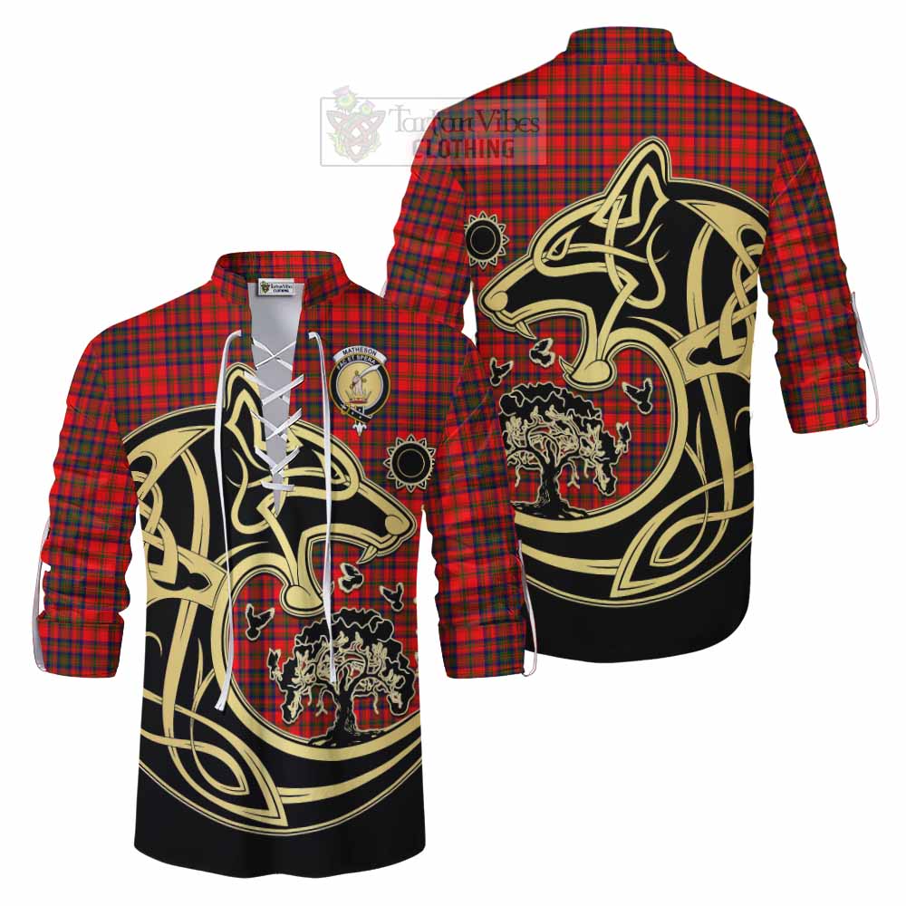 Tartan Vibes Clothing Matheson Tartan Ghillie Kilt Shirt with Family Crest Celtic Wolf Style