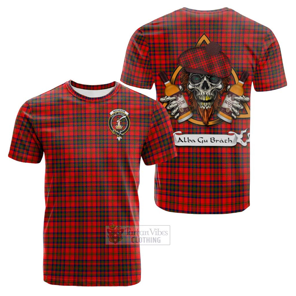 Tartan Vibes Clothing Matheson Tartan Cotton T-shirt with Family Crest and Bearded Skull Holding Bottles of Whiskey