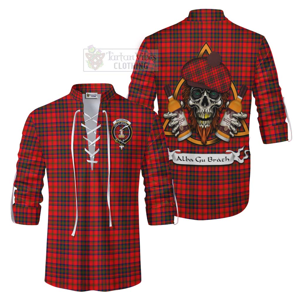 Tartan Vibes Clothing Matheson Tartan Ghillie Kilt Shirt with Family Crest and Bearded Skull Holding Bottles of Whiskey