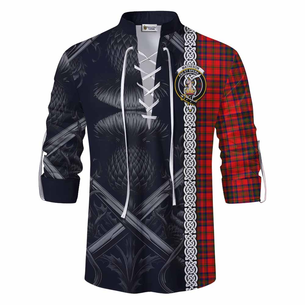 Tartan Vibes Clothing Matheson Tartan Ghillie Kilt Shirt with Family Crest Cross Sword Thistle Celtic Vibes