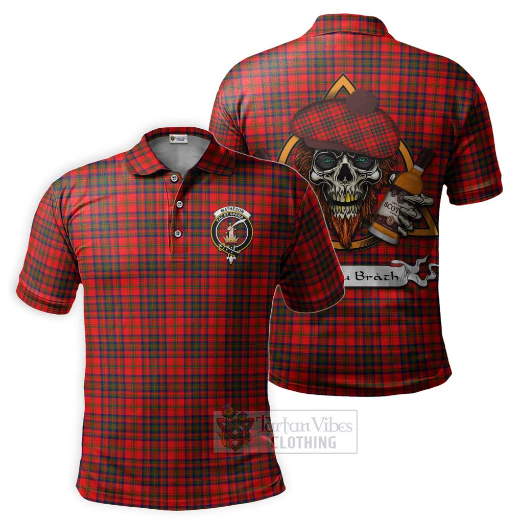Tartan Vibes Clothing Matheson Tartan Polo Shirt with Family Crest and Bearded Skull Holding Bottles of Whiskey