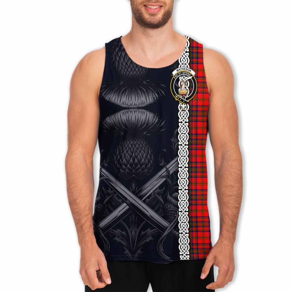 Tartan Vibes Clothing Matheson Tartan Men's Tank Top with Family Crest Cross Sword Thistle Celtic Vibes