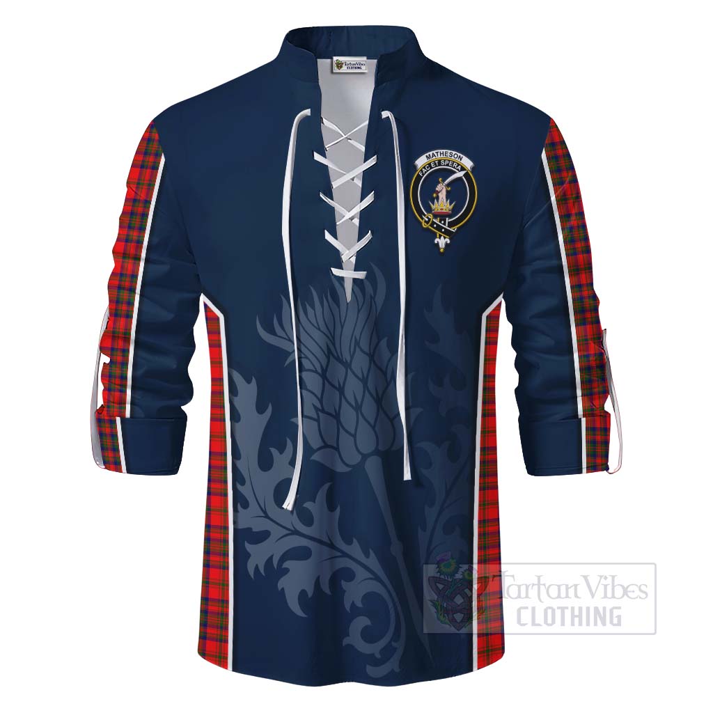Tartan Vibes Clothing Matheson Tartan Ghillie Kilt Shirt with Family Crest and Scottish Thistle Vibes Sport Style