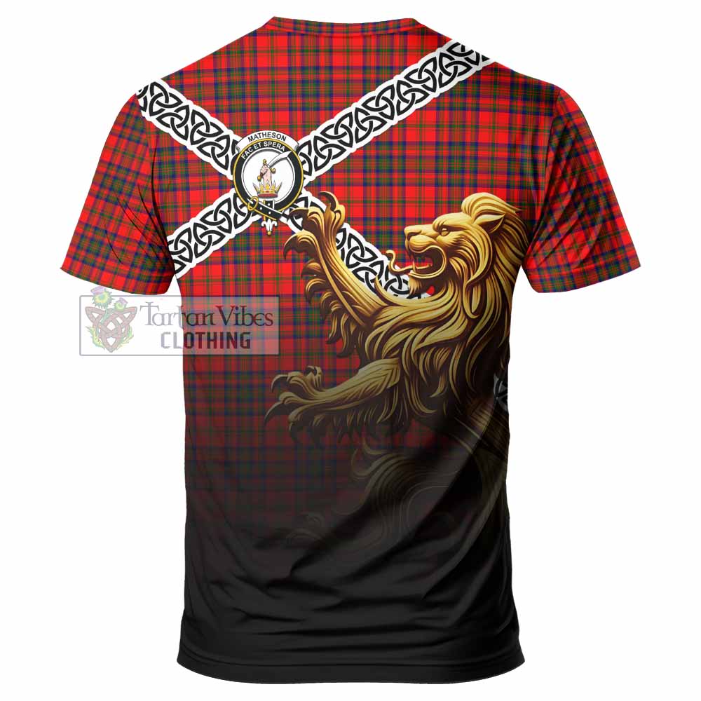 Tartan Vibes Clothing Matheson Crest Tartan T-Shirt with Golden Lion Emblem Celtic Style