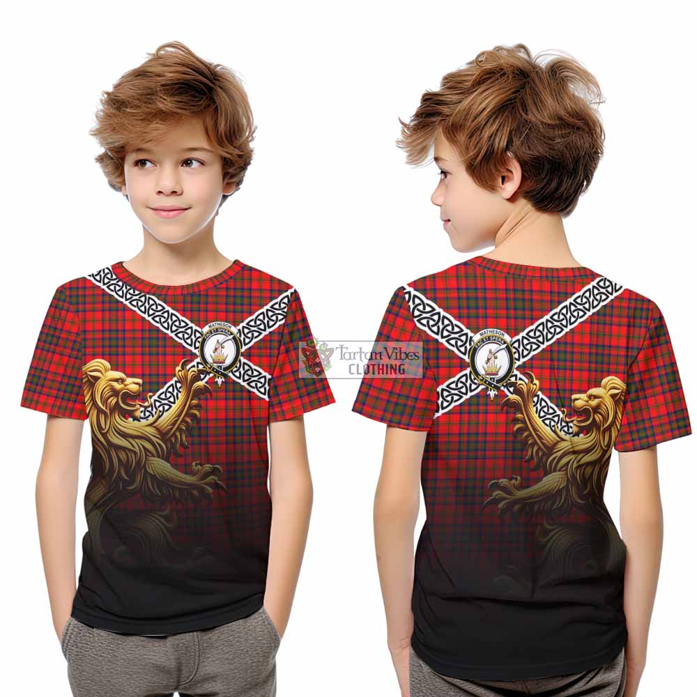 Tartan Vibes Clothing Matheson Crest Tartan Kid T-Shirt with Golden Lion Emblem Celtic Style