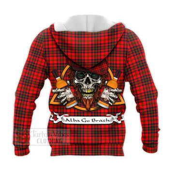 Matheson Tartan Knitted Hoodie with Family Crest and Bearded Skull Holding Bottles of Whiskey