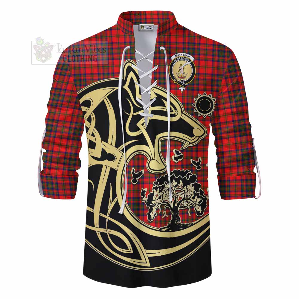 Tartan Vibes Clothing Matheson Tartan Ghillie Kilt Shirt with Family Crest Celtic Wolf Style