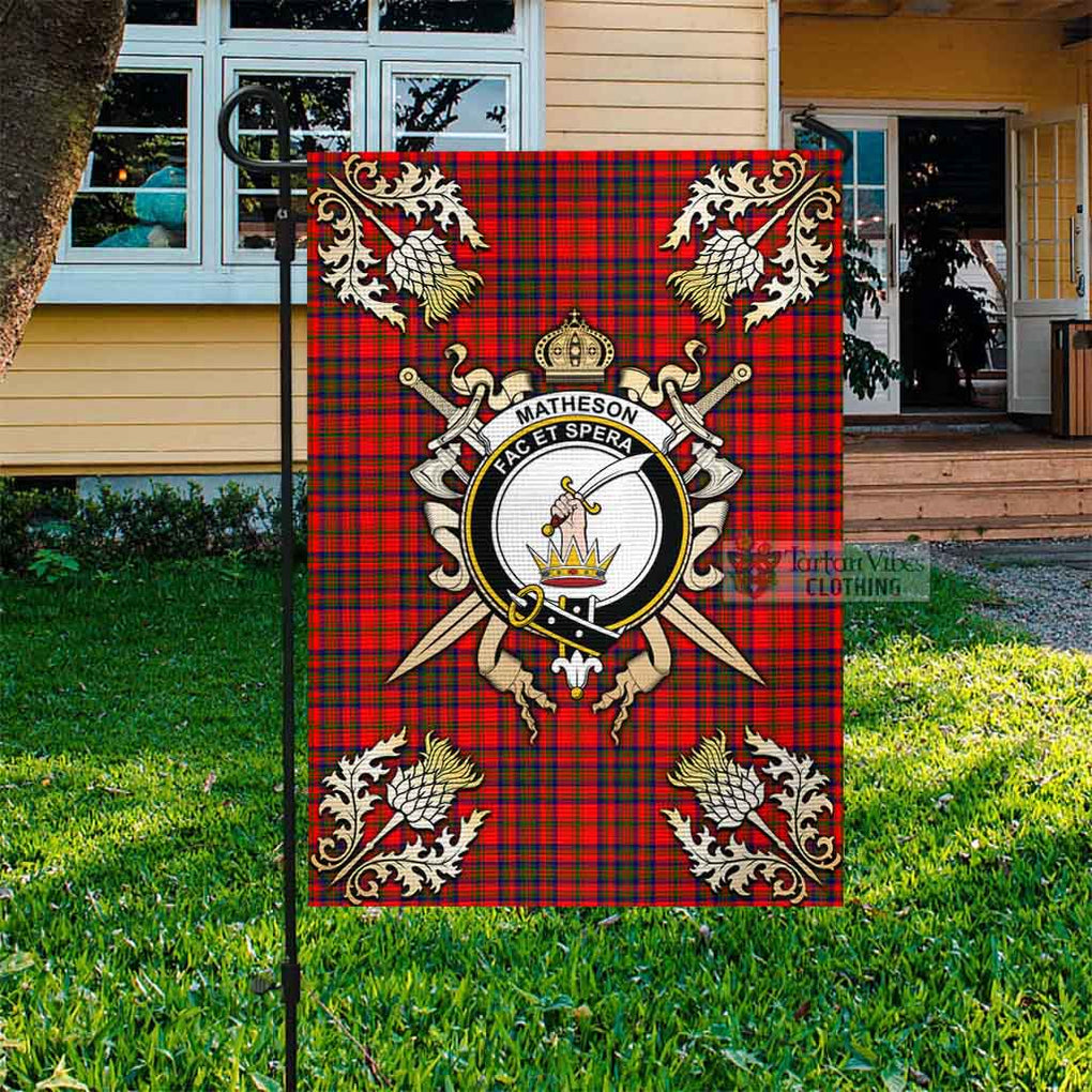 Tartan Vibes Clothing Matheson Tartan Flag with Family Crest and Golden Thistle Crossed Sword Design