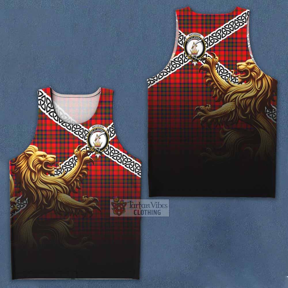 Tartan Vibes Clothing Matheson Crest Tartan Men's Tank Top with Golden Lion Emblem Celtic Style