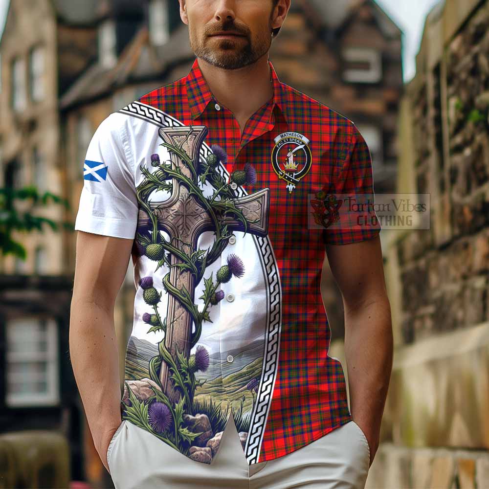 Matheson Tartan Hawaiian Shirt with Family Crest and St. Andrew's Cross Accented by Thistle Vines - Tartan Vibes Clothing