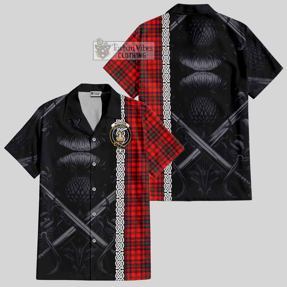 Tartan Vibes Clothing Matheson Tartan Short Sleeve Button Shirt with Family Crest Cross Sword Thistle Celtic Vibes