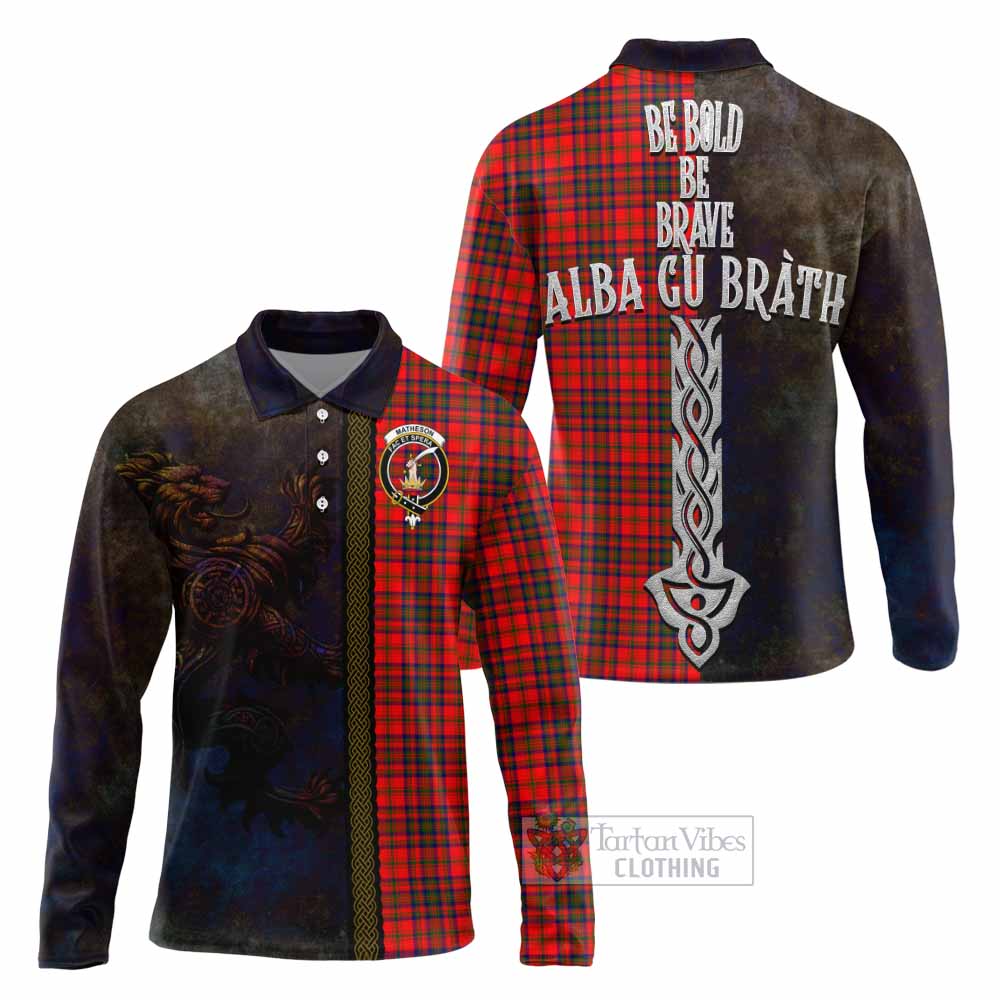 Tartan Vibes Clothing Matheson Tartan Family Crest Long Sleeve Polo Shirt Alba Gu Brath Be Brave Lion Ancient Style