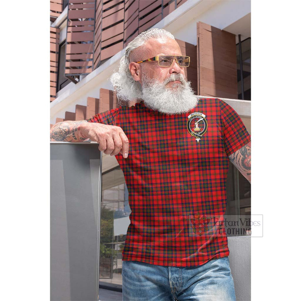 Tartan Vibes Clothing Matheson Tartan Cotton T-shirt with Family Crest and Bearded Skull Holding Bottles of Whiskey