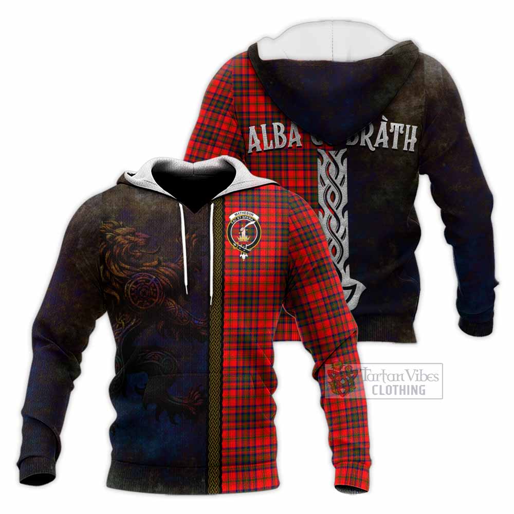 Tartan Vibes Clothing Matheson Tartan Family Crest Knitted Hoodie Alba Gu Brath Be Brave Lion Ancient Style