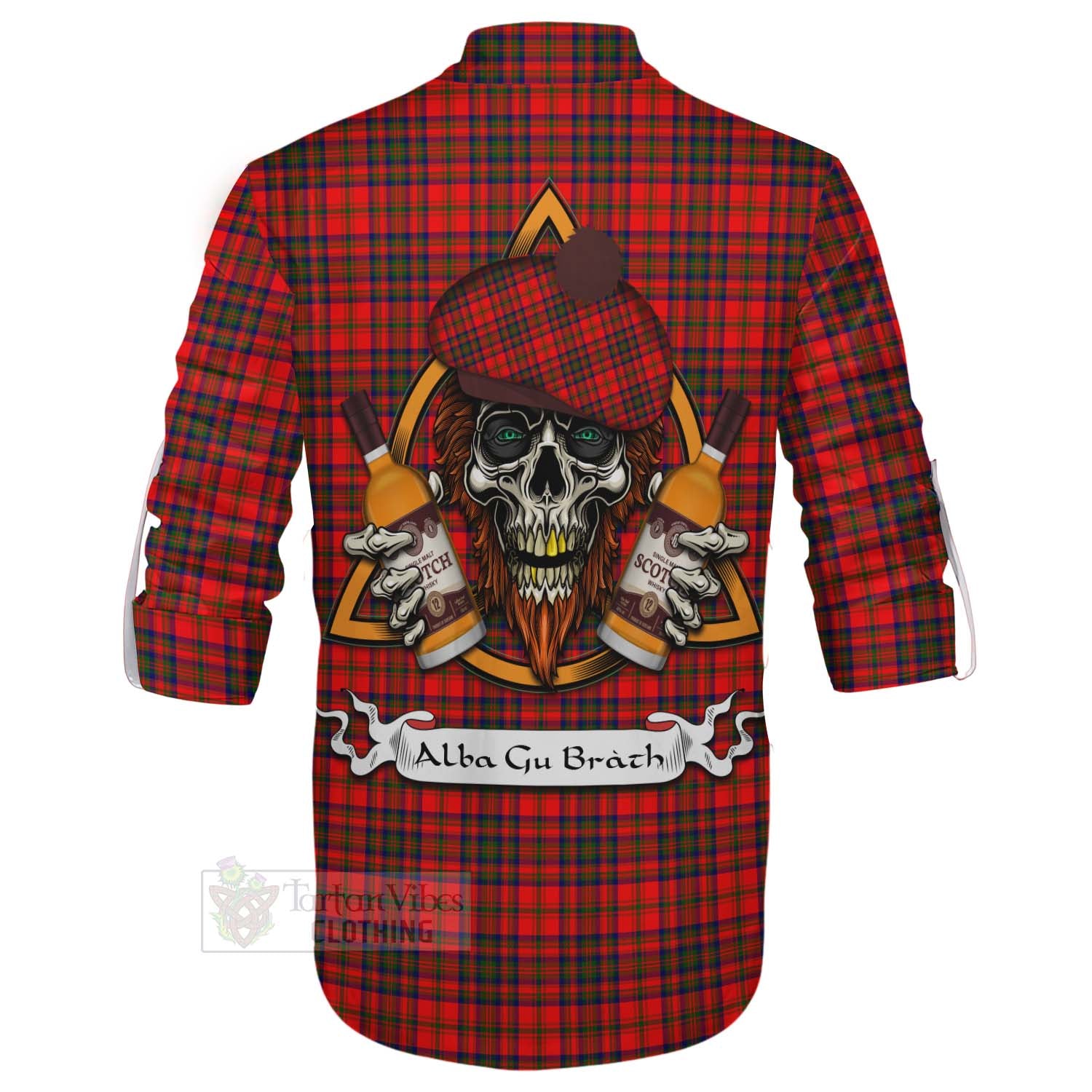 Tartan Vibes Clothing Matheson Tartan Ghillie Kilt Shirt with Family Crest and Bearded Skull Holding Bottles of Whiskey
