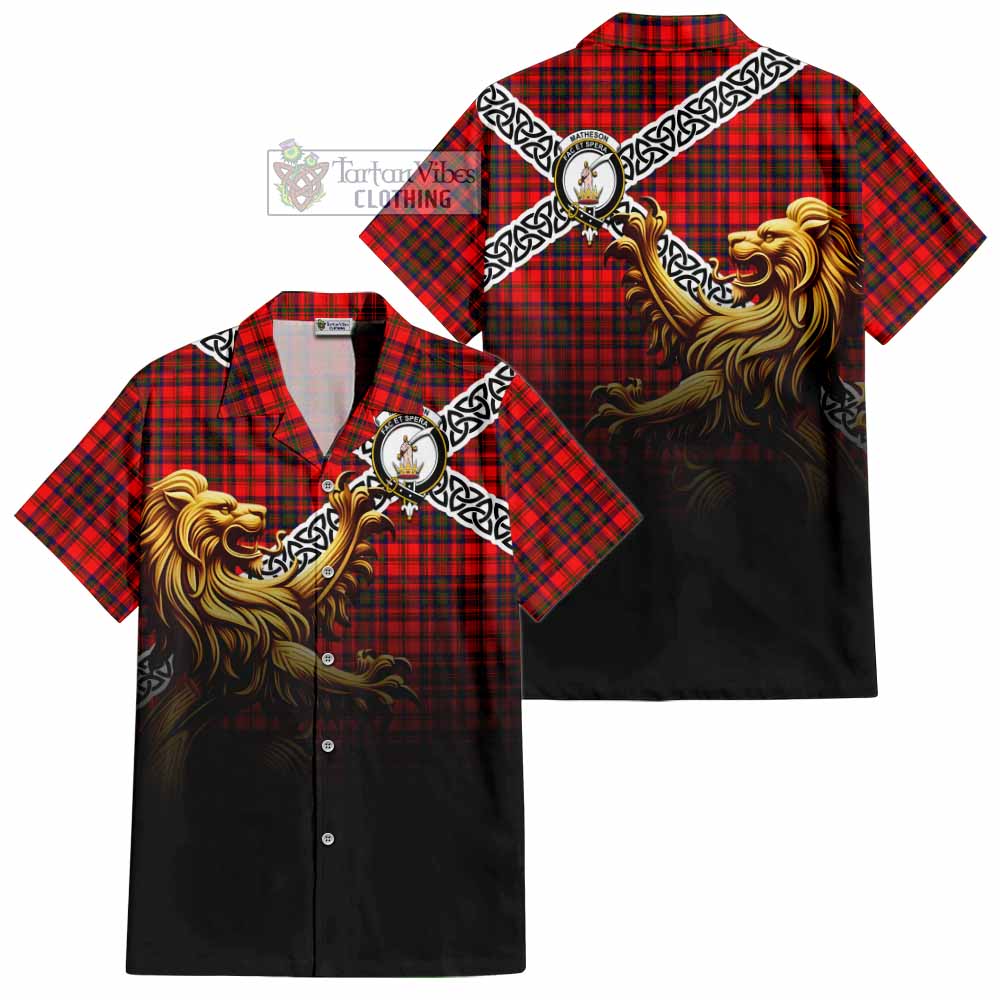 Tartan Vibes Clothing Matheson Crest Tartan Short Sleeve Button Shirt with Golden Lion Emblem Celtic Style
