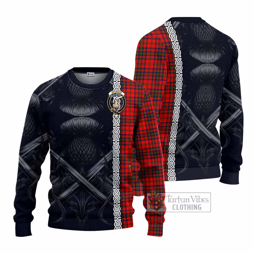 Tartan Vibes Clothing Matheson Tartan Knitted Sweater with Family Crest Cross Sword Thistle Celtic Vibes