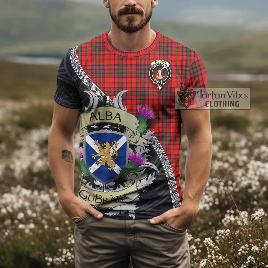 Tartan Vibes Clothing Matheson Tartan Family Crest T-Shirt Lion Rampant Royal Thistle Shield Celtic Inspired