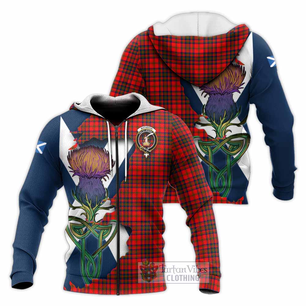 Tartan Vibes Clothing Matheson Tartan Family Crest Knitted Hoodie Scottish Thistle Celtic Inspired