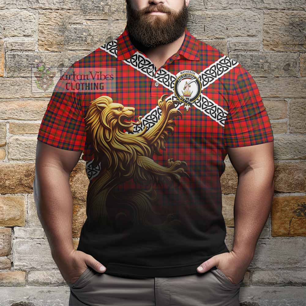 Tartan Vibes Clothing Matheson Crest Tartan Polo Shirt with Golden Lion Emblem Celtic Style