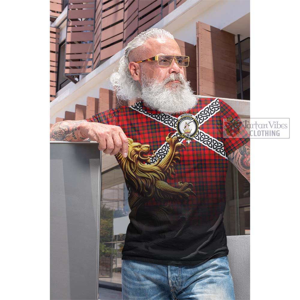Tartan Vibes Clothing Matheson Crest Tartan Cotton T-shirt with Golden Lion Emblem Celtic Style