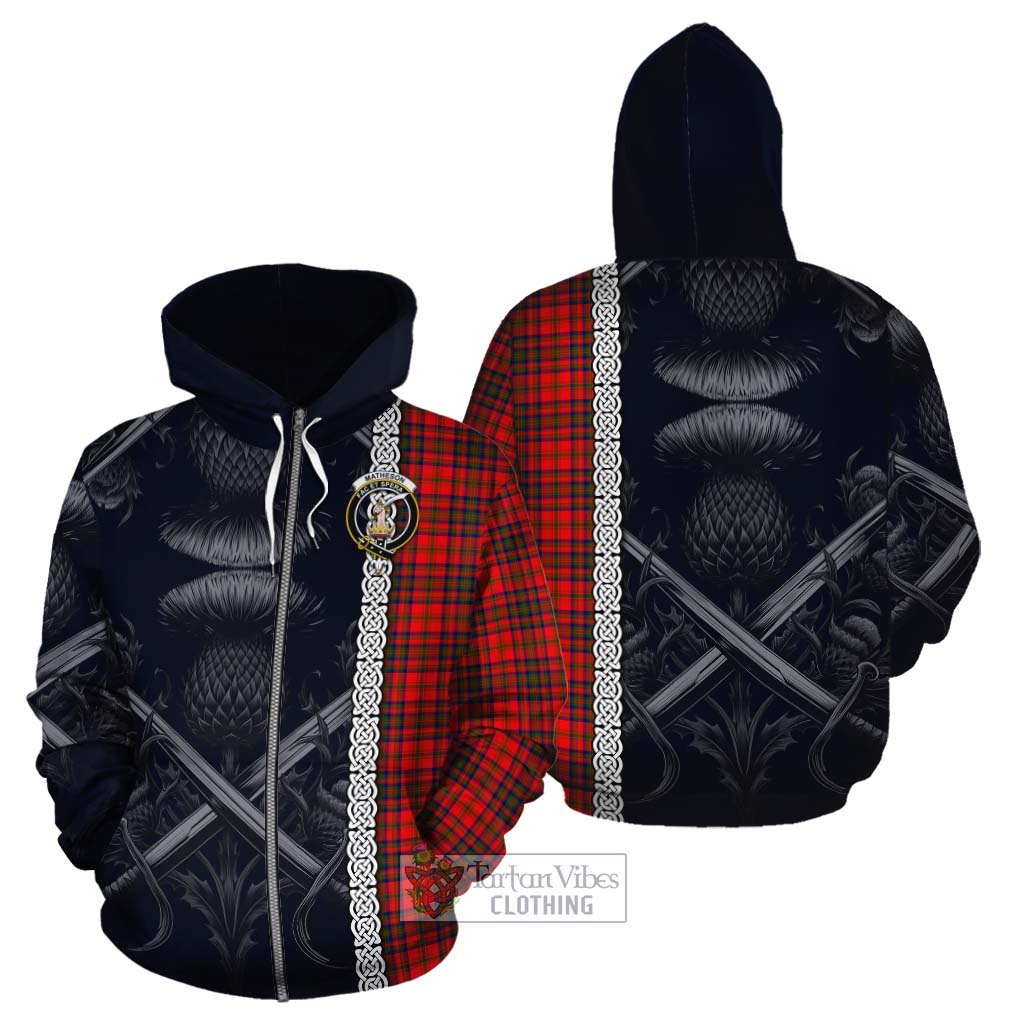 Tartan Vibes Clothing Matheson Tartan Cotton Hoodie with Family Crest Cross Sword Thistle Celtic Vibes