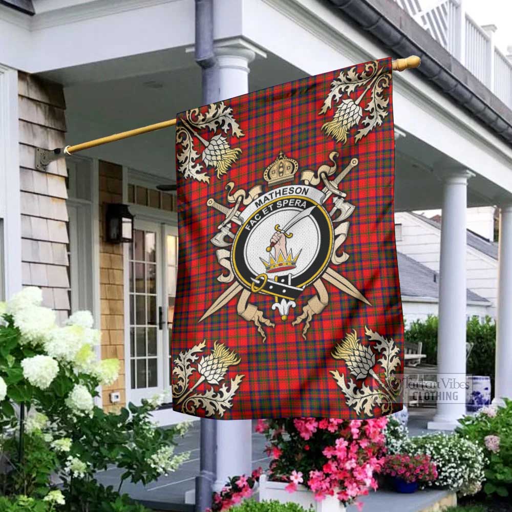 Tartan Vibes Clothing Matheson Tartan Flag with Family Crest and Golden Thistle Crossed Sword Design