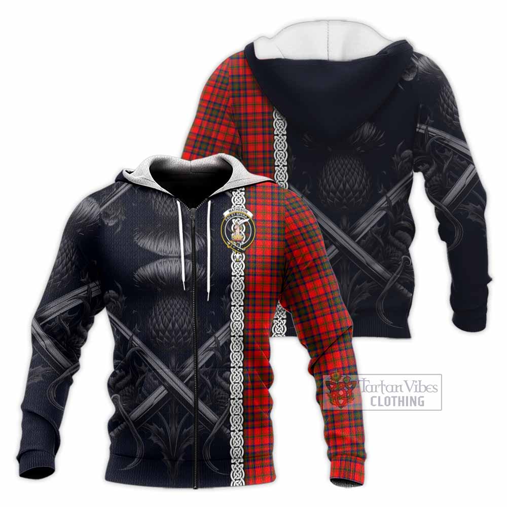 Tartan Vibes Clothing Matheson Tartan Knitted Hoodie with Family Crest Cross Sword Thistle Celtic Vibes