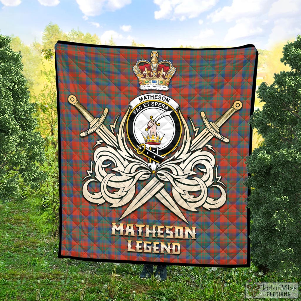 Tartan Vibes Clothing Matheson Ancient Tartan Quilt with Clan Crest and the Golden Sword of Courageous Legacy