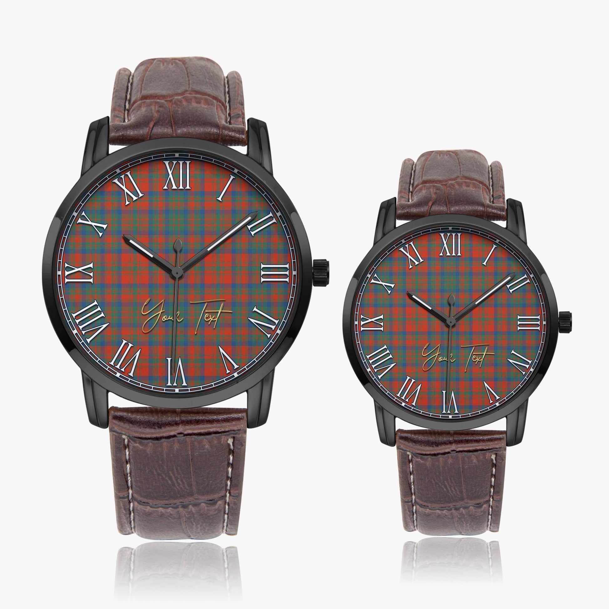 Matheson Ancient Tartan Personalized Your Text Leather Trap Quartz Watch Wide Type Black Case With Brown Leather Strap - Tartanvibesclothing