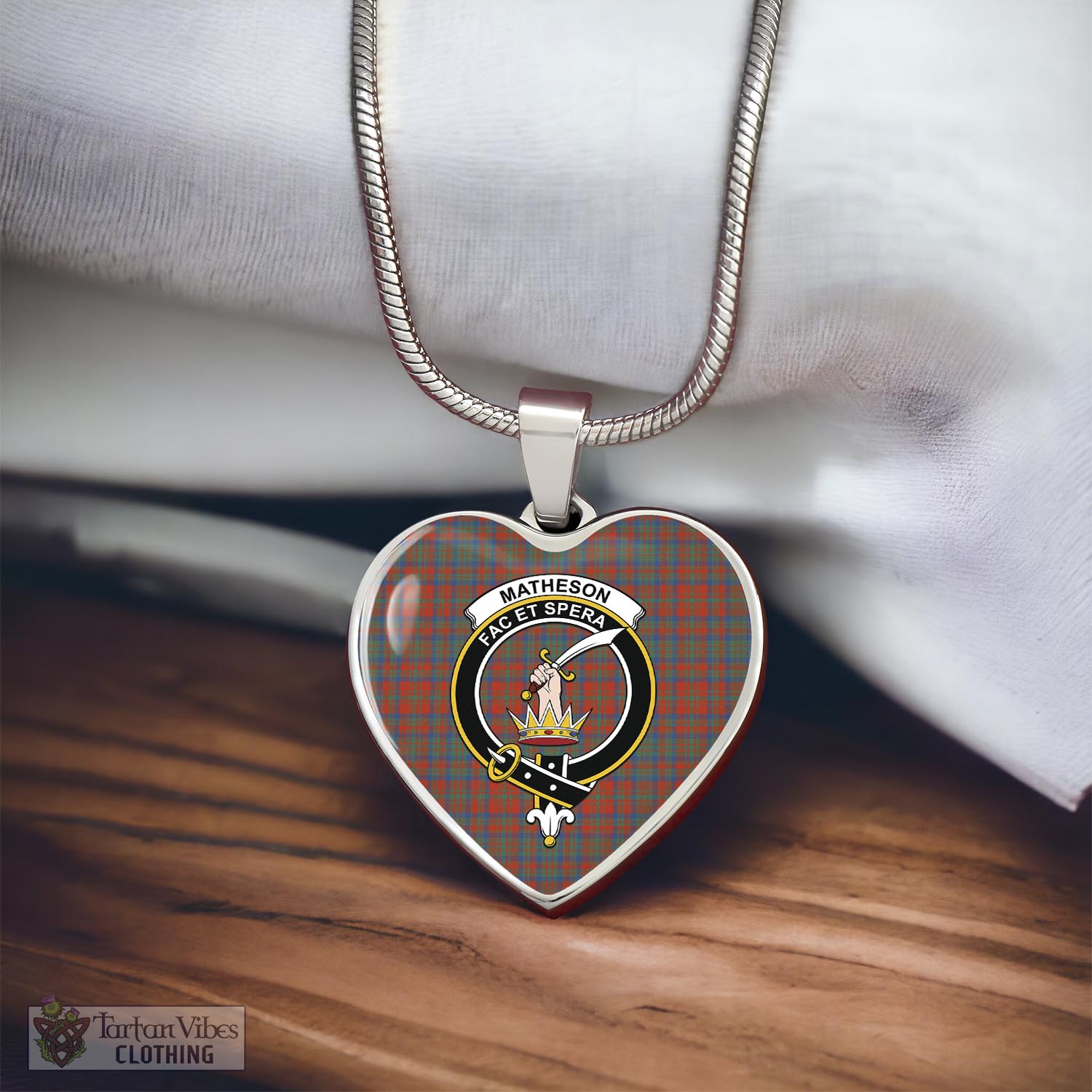 Tartan Vibes Clothing Matheson Ancient Tartan Heart Necklace with Family Crest