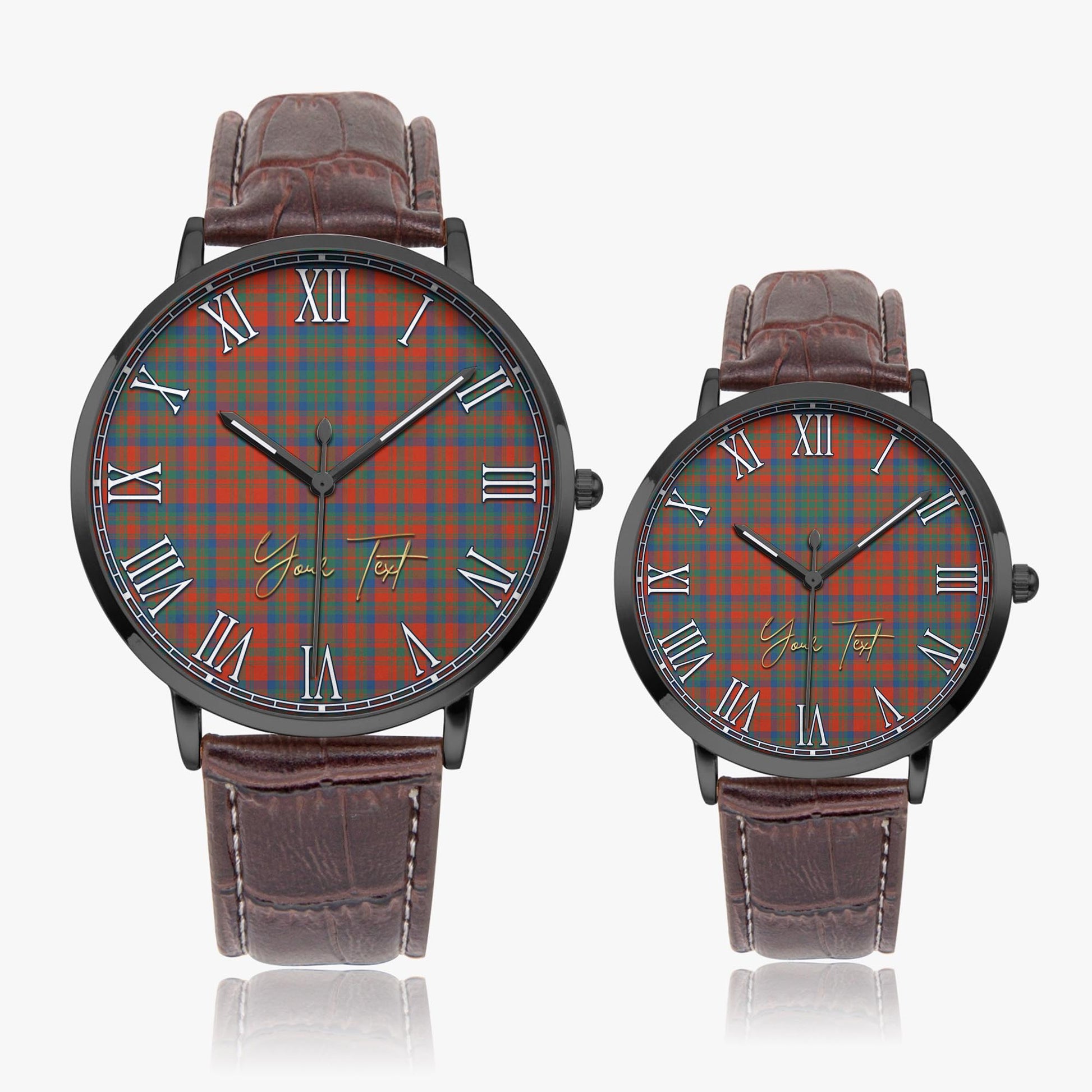 Matheson Ancient Tartan Personalized Your Text Leather Trap Quartz Watch Ultra Thin Black Case With Brown Leather Strap - Tartanvibesclothing