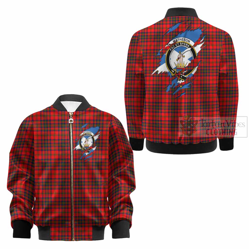 Matheson Clan Crest In Me Tartan Kid Bomber Jacket Scotland Flag Style