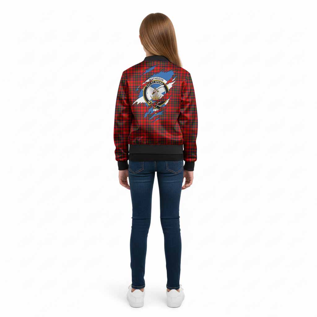 Matheson Clan Crest In Me Tartan Kid Bomber Jacket Scotland Flag Style