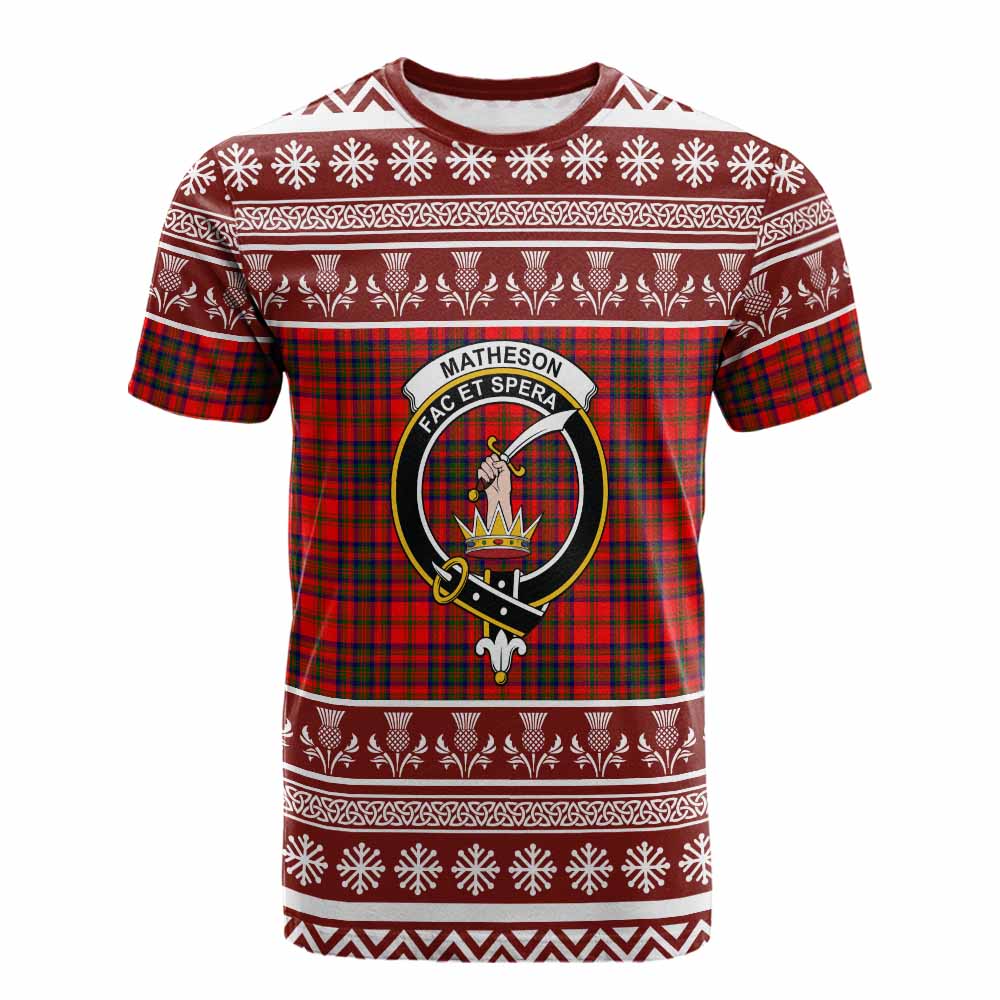 Matheson Clan Tartan Christmas Cotton T-shirt with Family Crest - Tartan Vibes Clothing
