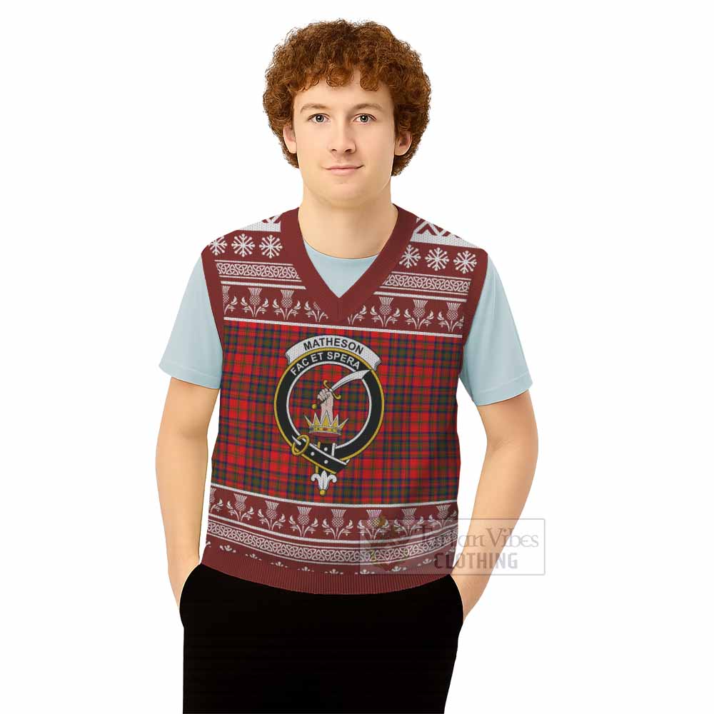 Matheson Clan Tartan Christmas Knitted V-Neck Vest with Family Crest - Tartan Vibes Clothing