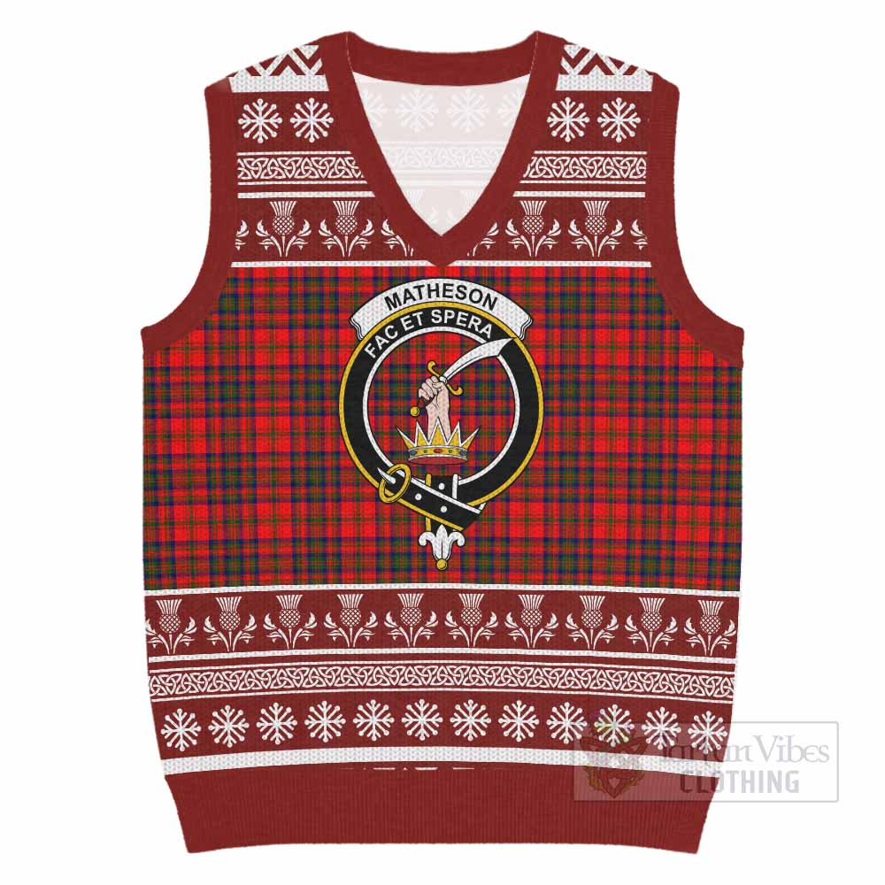 Matheson Clan Tartan Christmas Knitted V-Neck Vest with Family Crest - Tartan Vibes Clothing